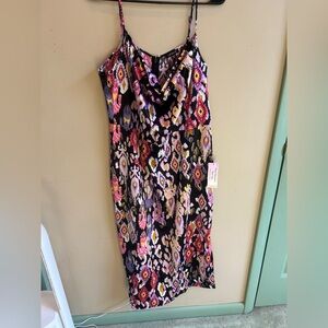 VENUS Black Slip Dress with Pink, Purple and Cream Floral-Geometric Print